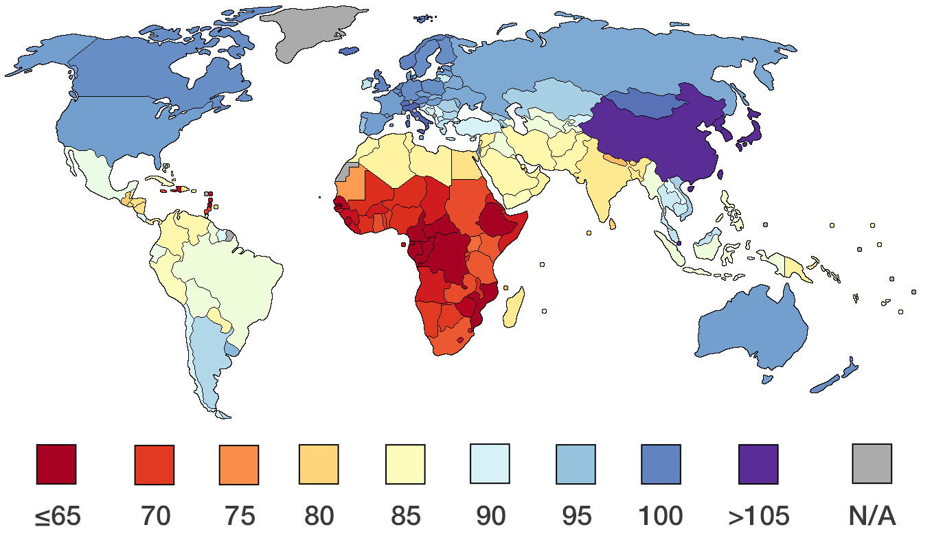 Een wereldkaart die landen rangschikt op basis van hun gemiddelde IQ